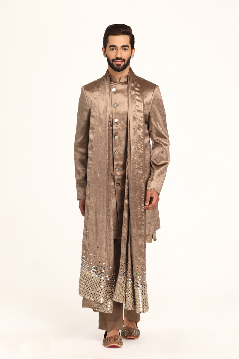 Brown sherwani with embellished stole