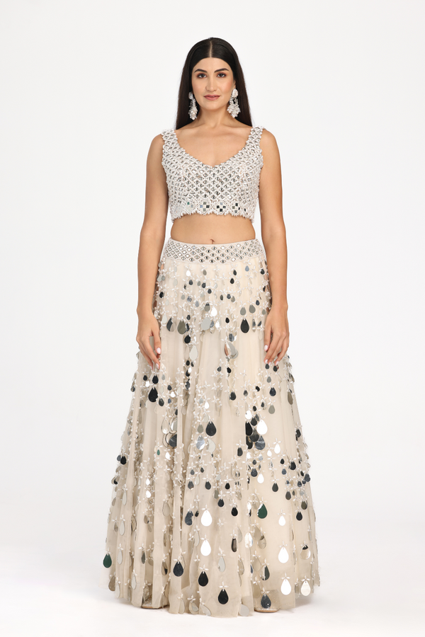 pearl sequence ivory crop top and skirt set