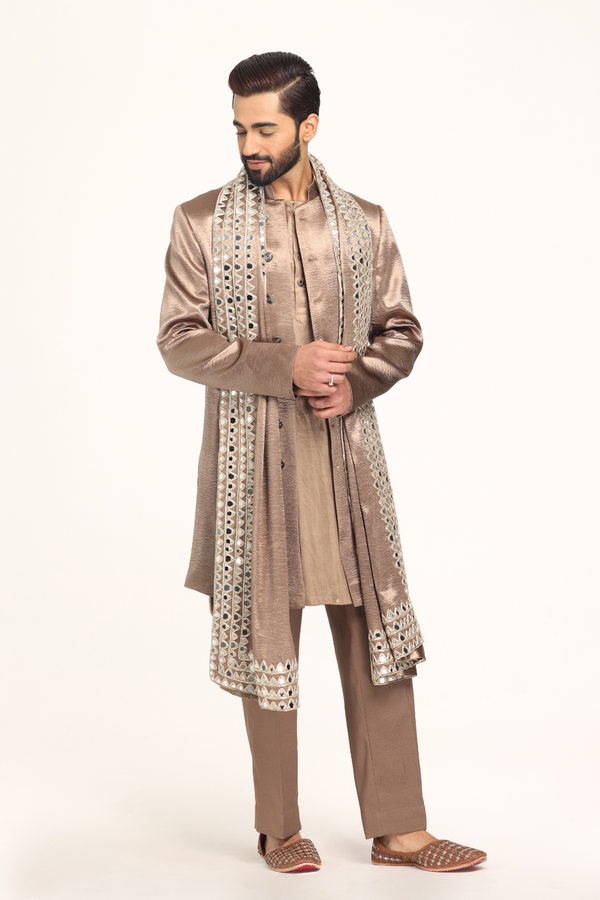 Brown sherwani with embellished stole