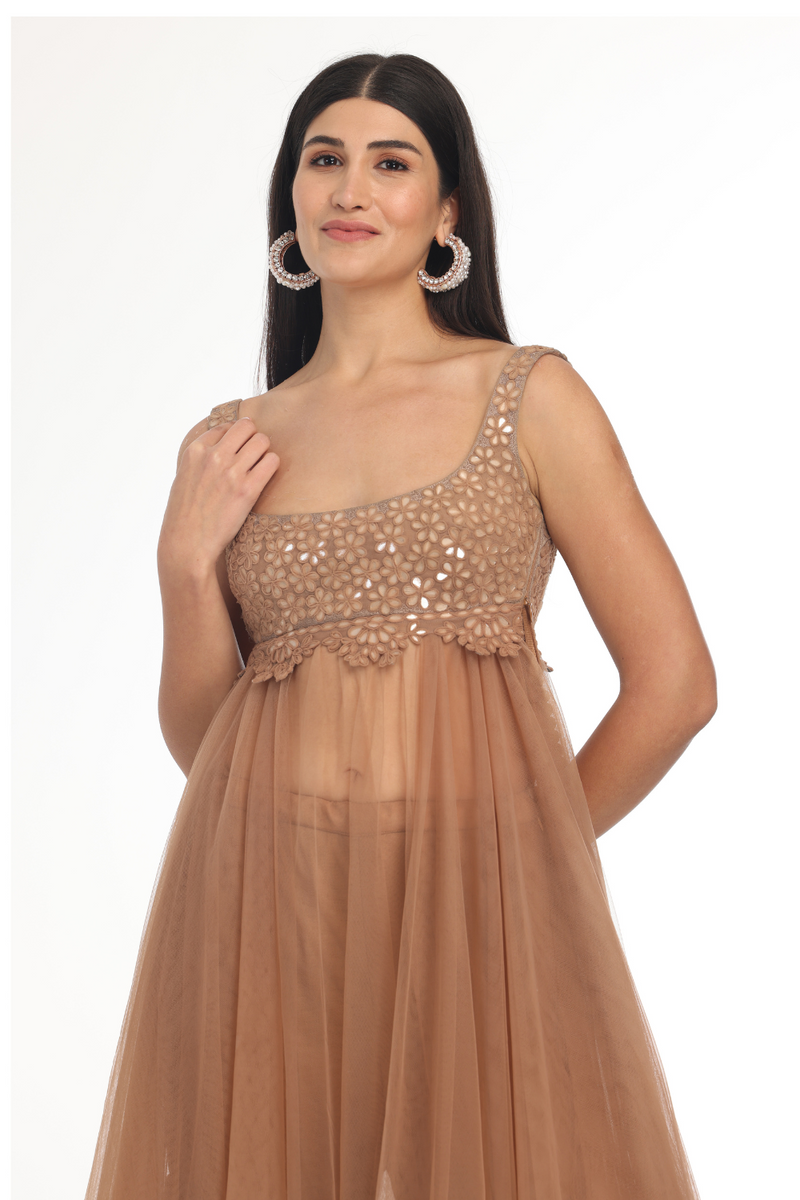 brown dress  with mirror embellished sharara