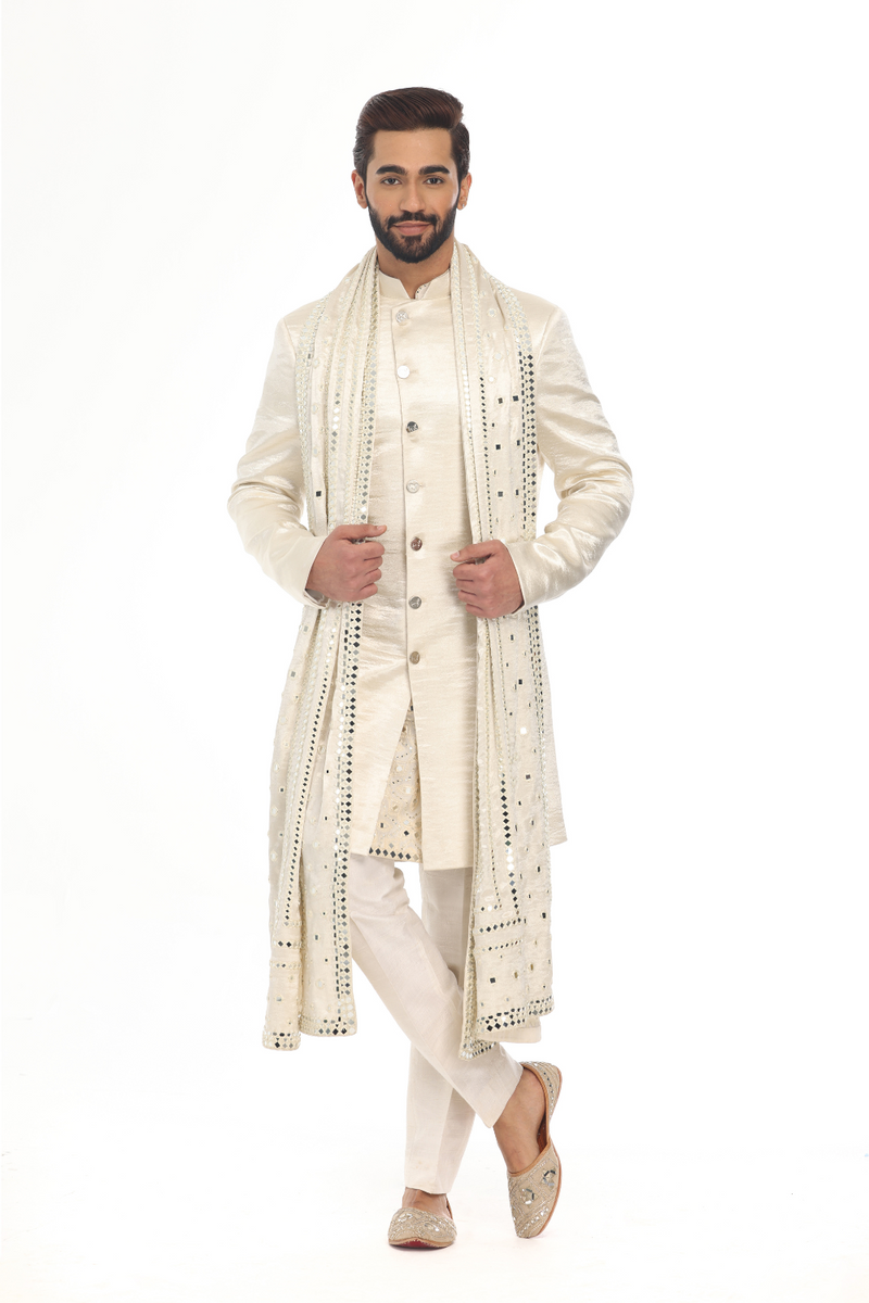 Ivory sherwani with embellished stole