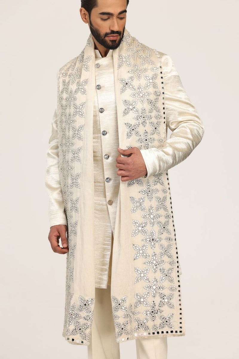 Ivory sherwani with embellished stole