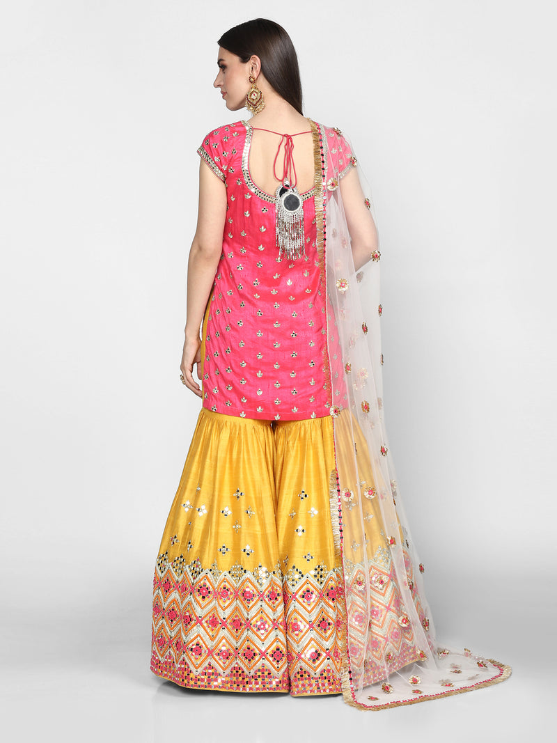 Pink and Yellow Embroidered Sharara Set with Net Dupatta