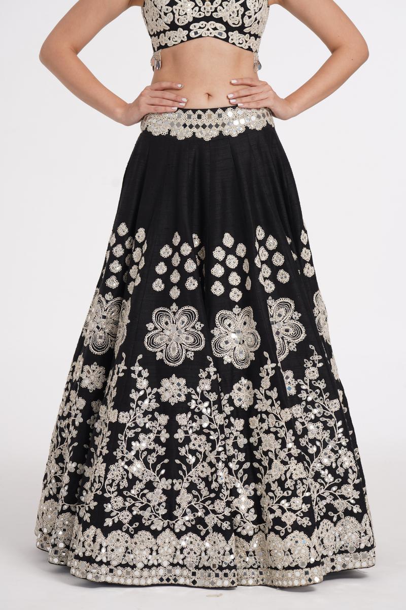 Jet black lehenga set embellished using ivory details