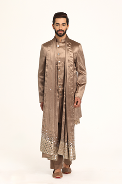 Brown sherwani with embellished stole