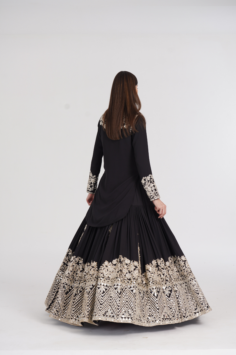 Carbon black kurti skirt embellished using ivory trims