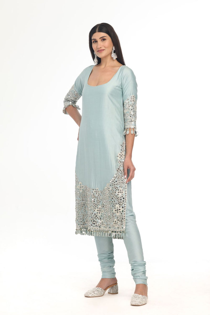 BLUE KURTA & CHURIDAR SET WITH HEAVY PRINTED MIRROR WORK DUPATTA