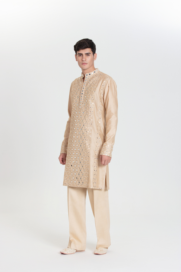 Beige Grid Kurta Set