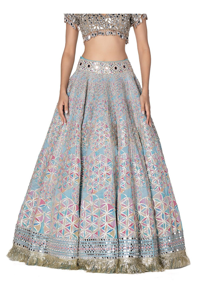 Geometric Pattern Printed Lehenga With Hand Embroidered Blouse