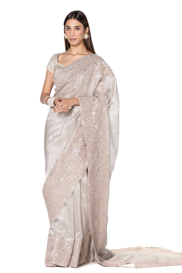 silver tissue saree set