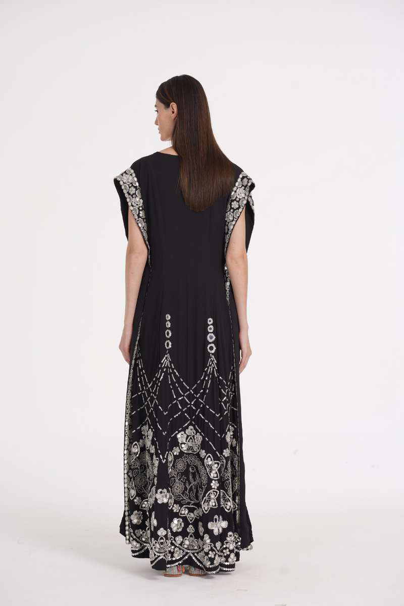 Charcoal black hand embroidered kaftan