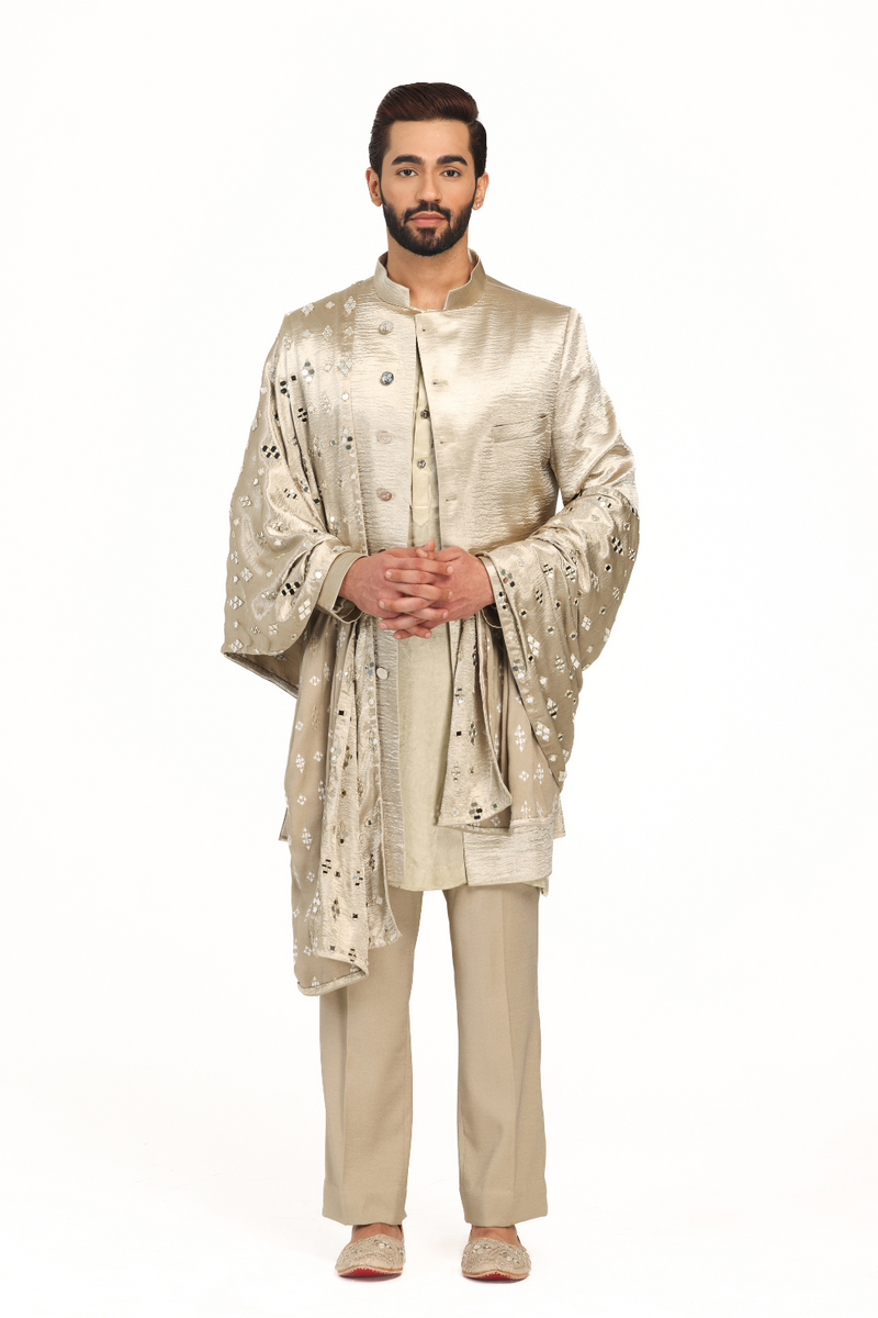 Gold sherwani with embellished stole