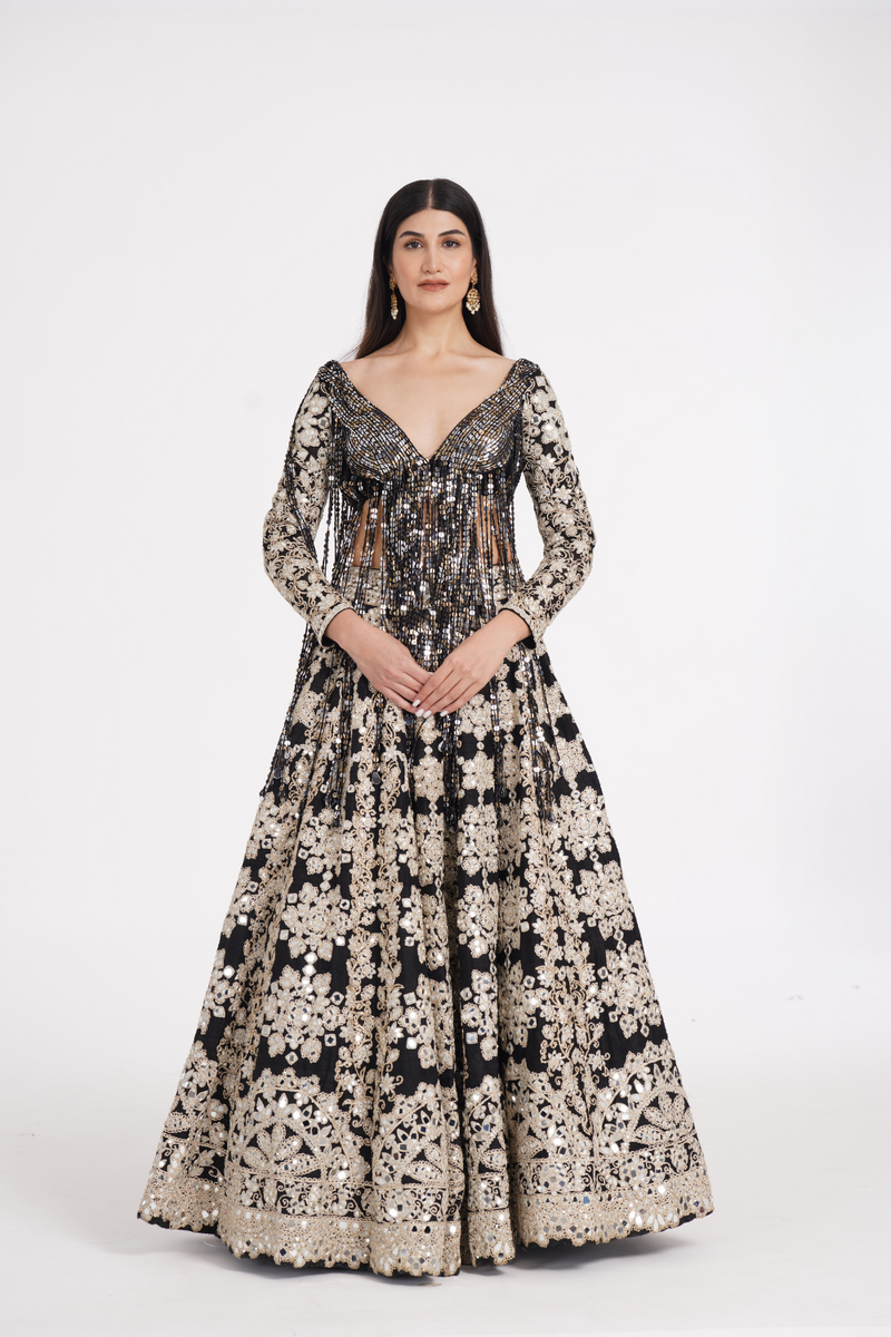 Jet black lehenga set embellished using ivory details