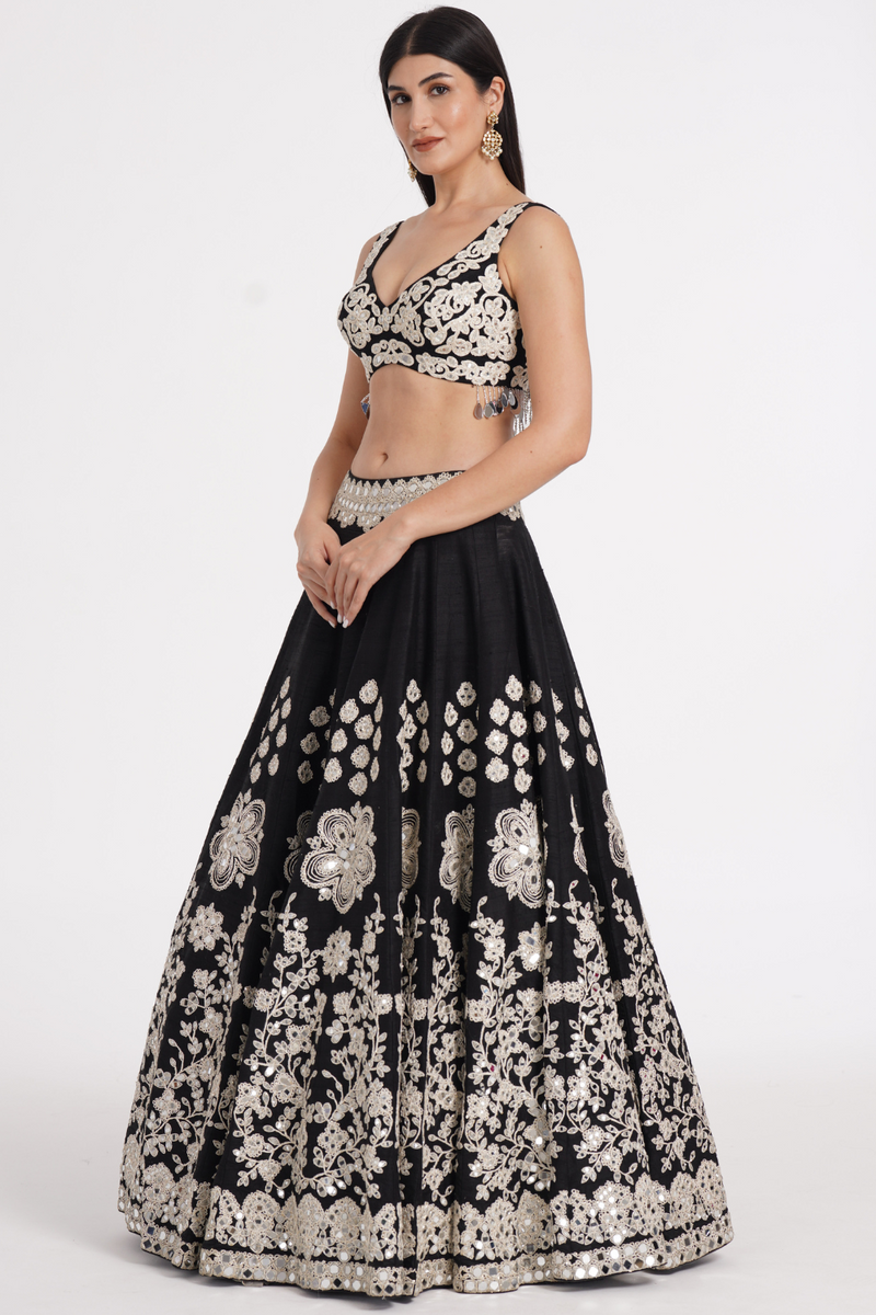 Jet black lehenga set embellished using ivory details