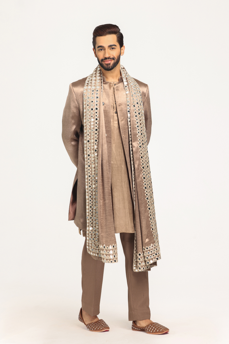 Brown sherwani with embellished stole