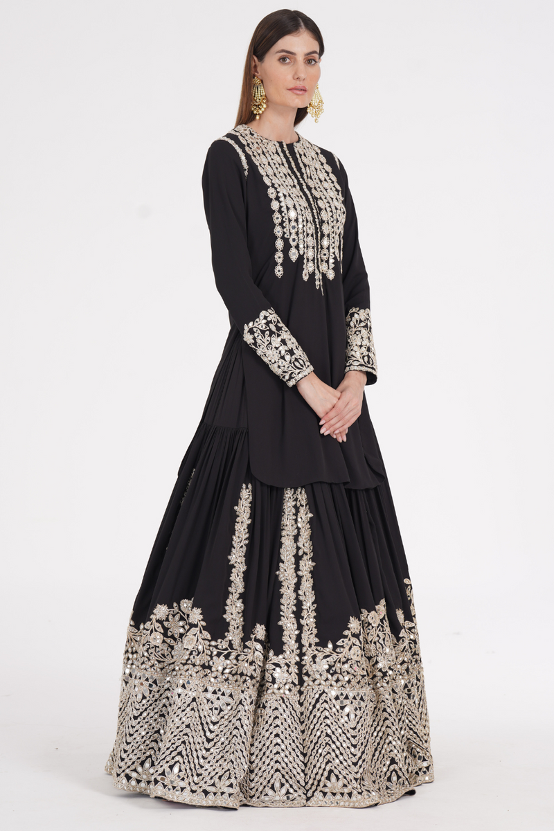 Carbon black kurti skirt embellished using ivory trims