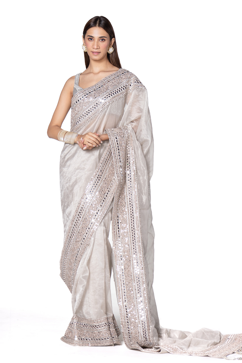 silver tissue saree set