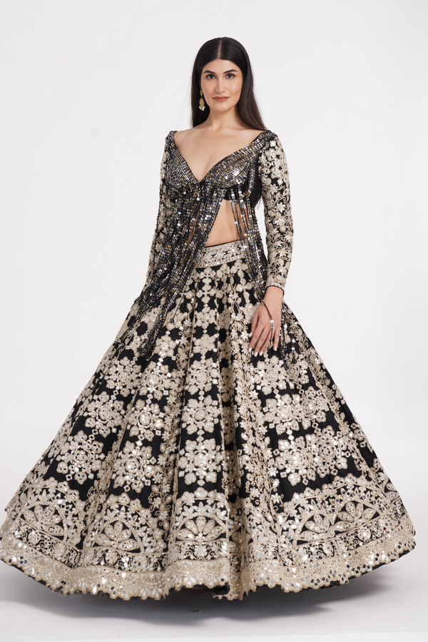 Jet black lehenga set embellished using ivory details