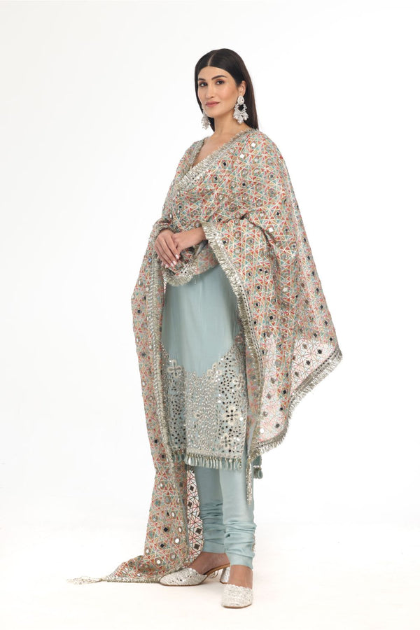 BLUE KURTA & CHURIDAR SET WITH HEAVY PRINTED MIRROR WORK DUPATTA