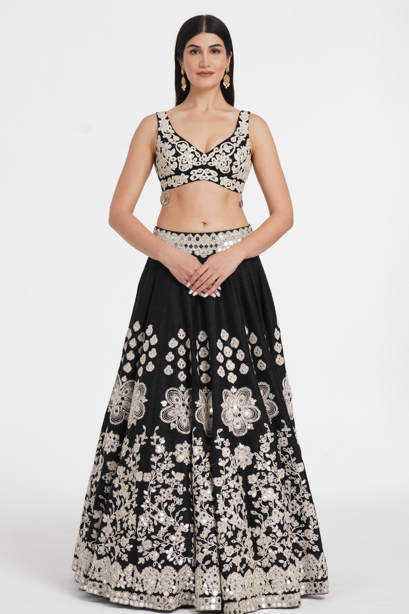 Jet black lehenga set embellished using ivory details