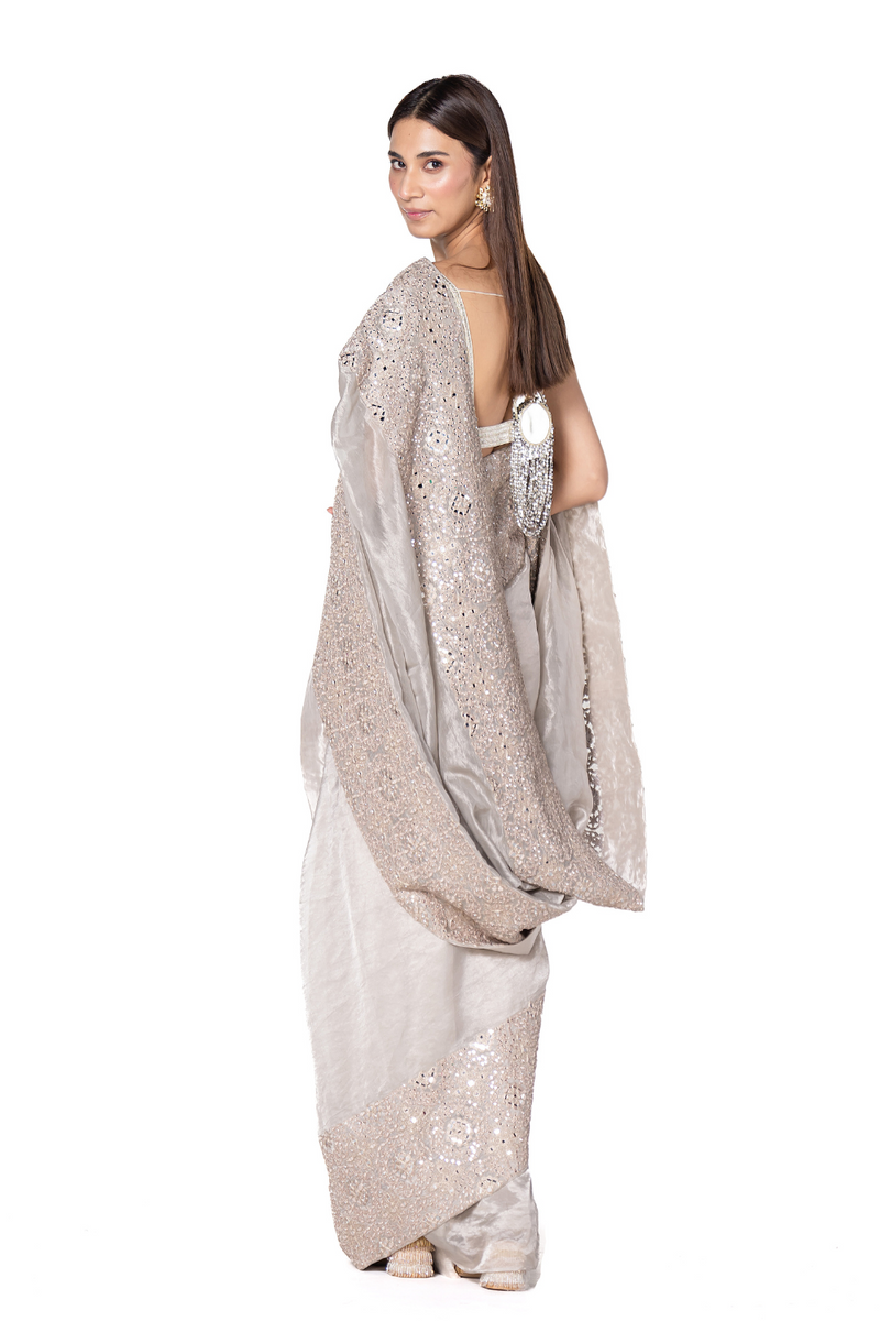 silver tissue saree set