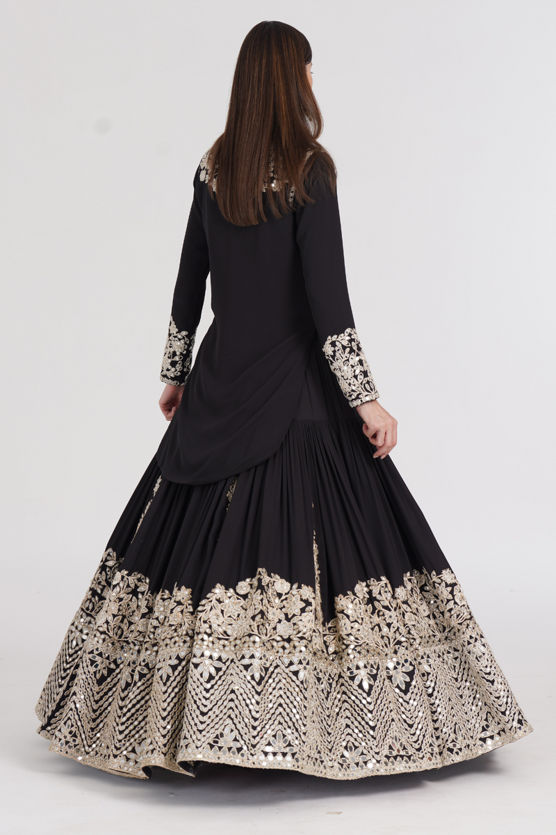 Carbon black kurti skirt embellished using ivory trims