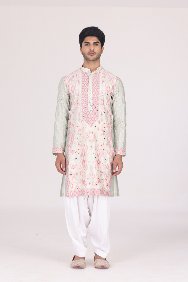 PEACH PEARL IVORY AQUA PRINTED KURTA