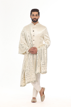 Ivory sherwani with embellished stole