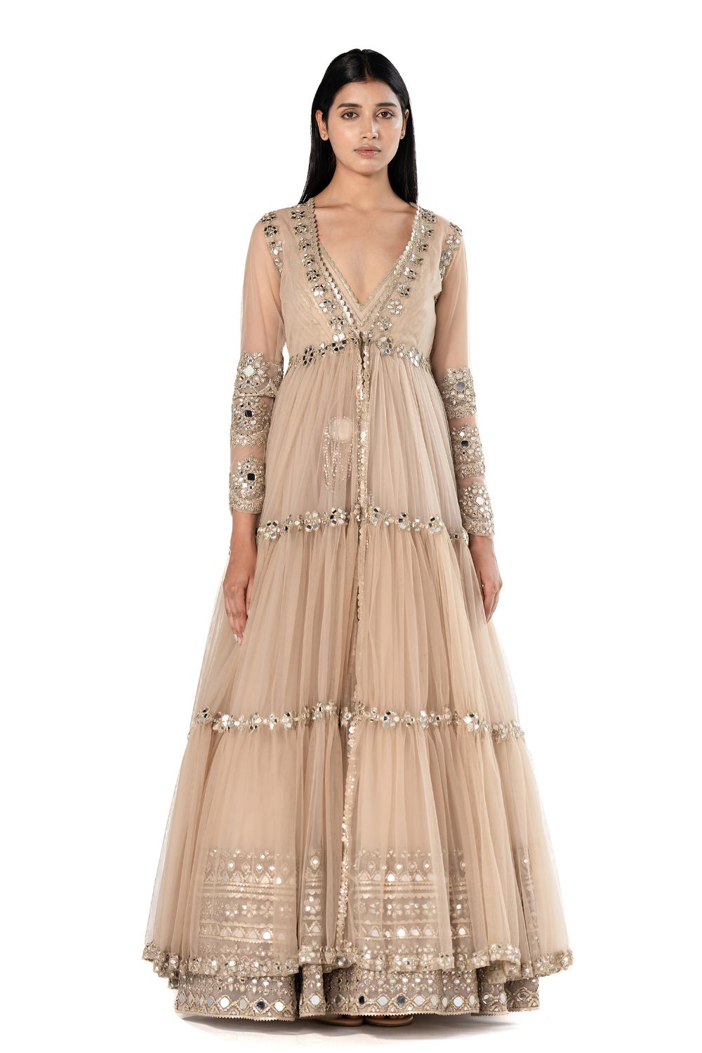 Beige multicolor ribbon work Anarkali main image 0