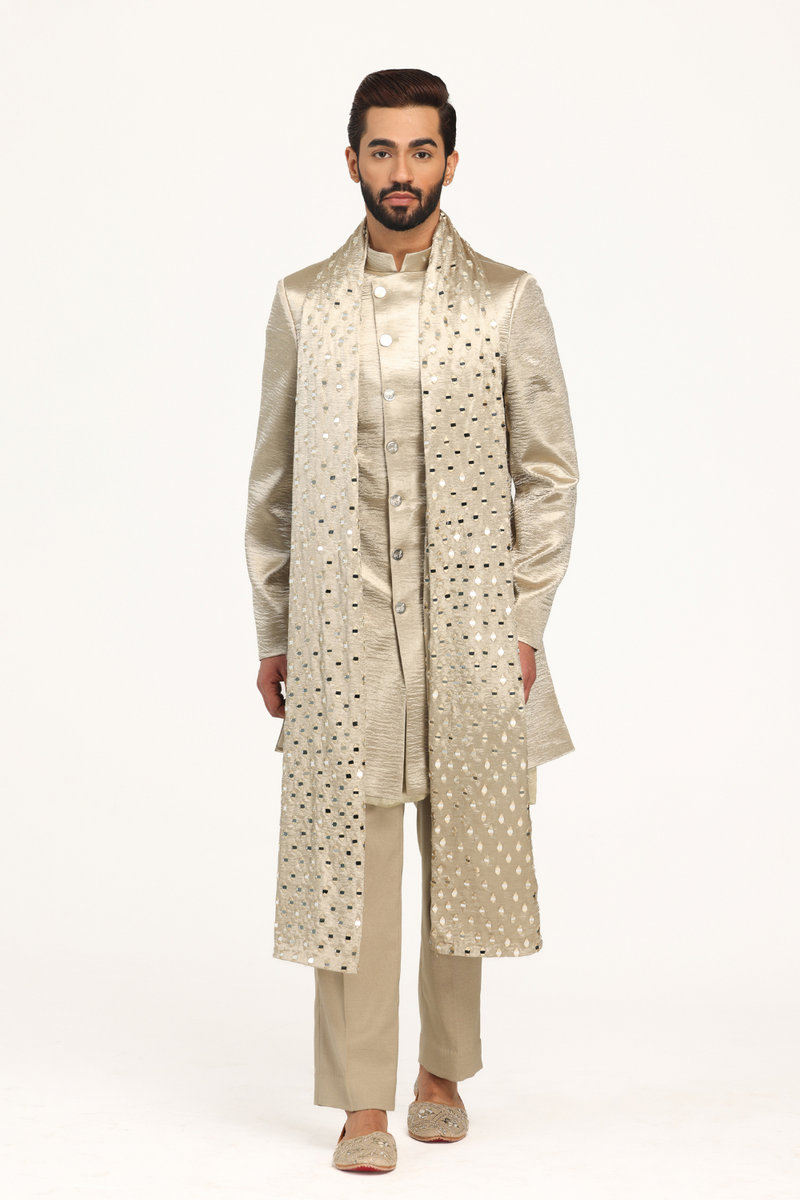 Gold sherwani with embellished stole