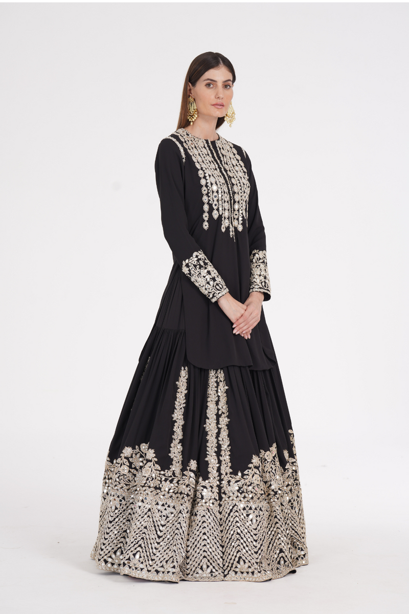 Carbon black kurti skirt embellished using ivory trims