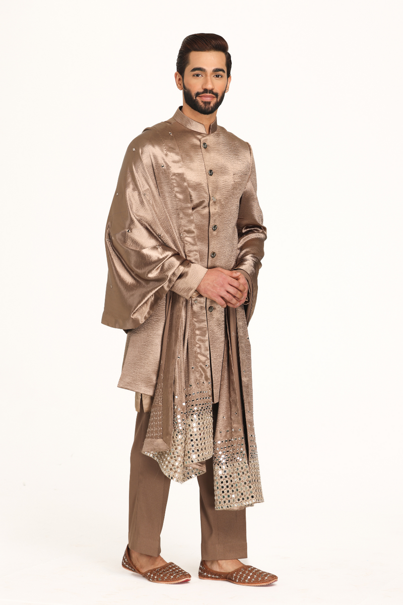 Brown sherwani with embellished stole