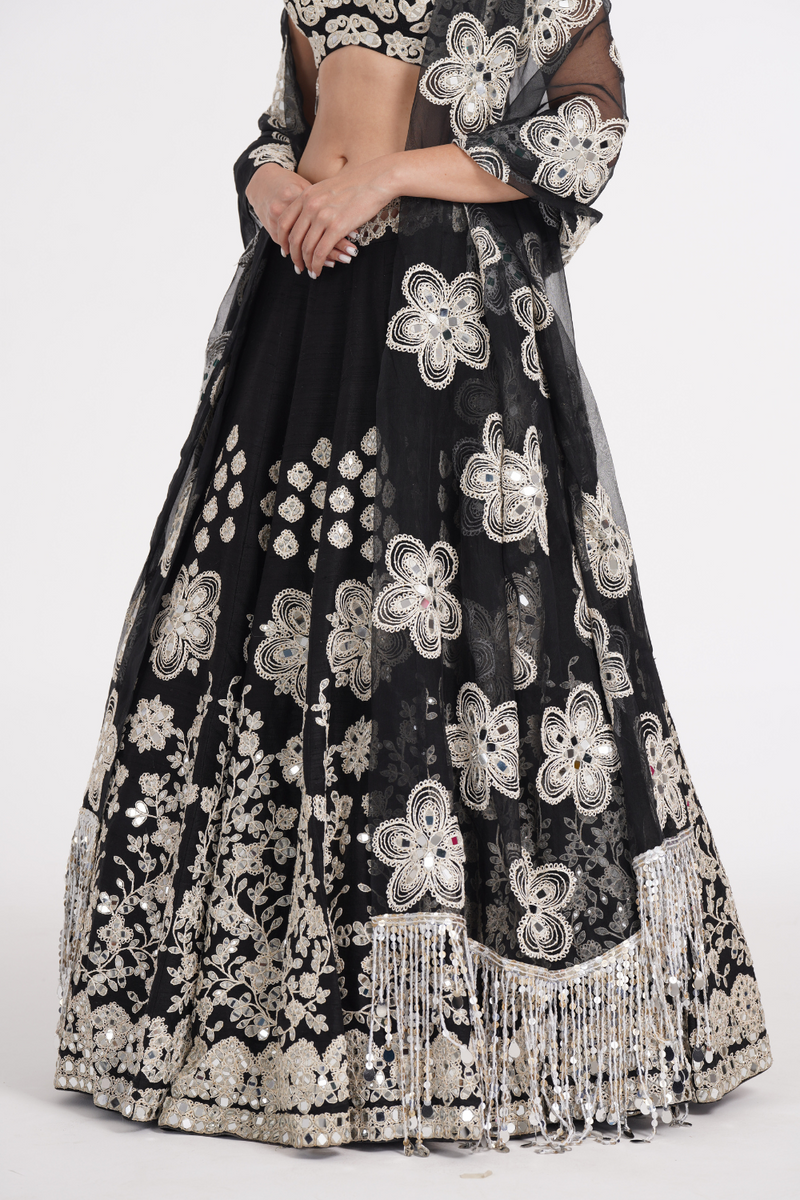 Jet black lehenga set embellished using ivory details