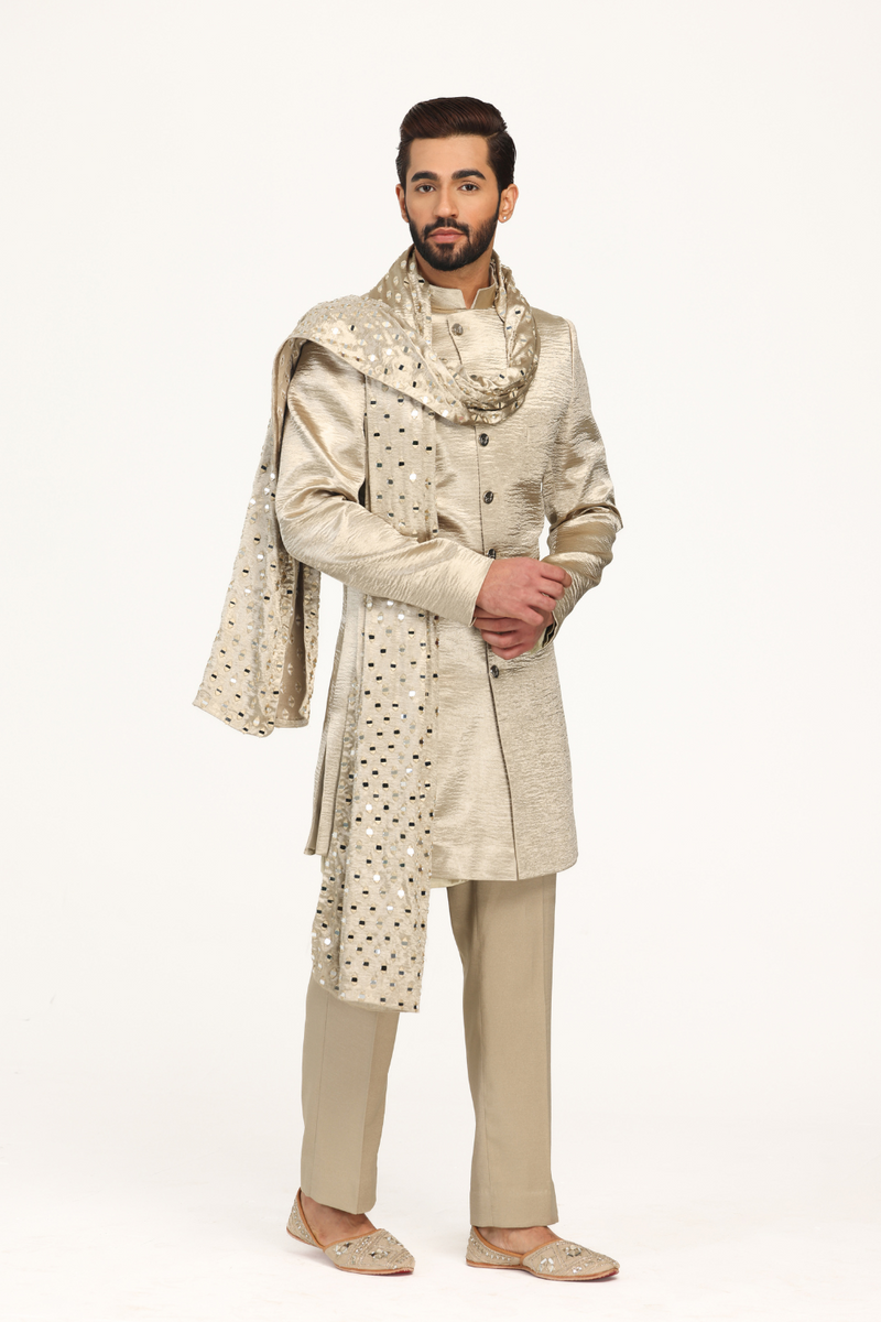 Gold sherwani with embellished stole