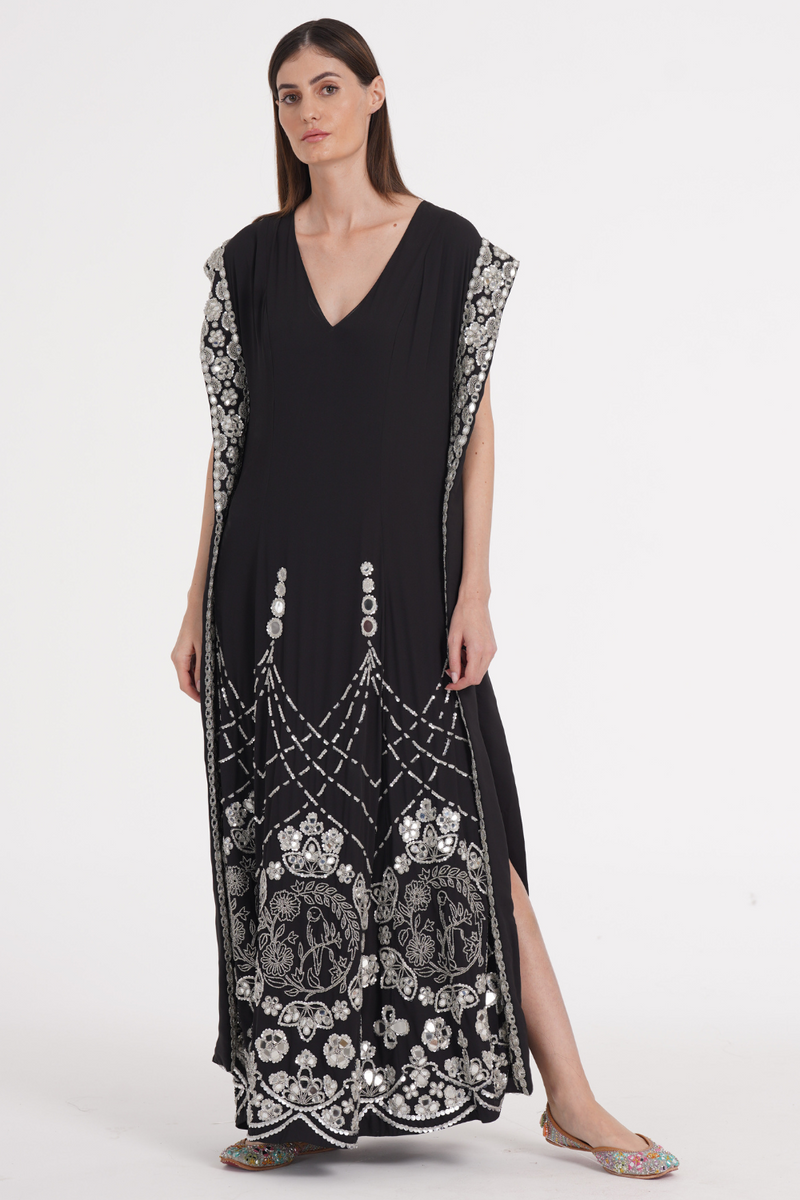 Charcoal black hand embroidered kaftan