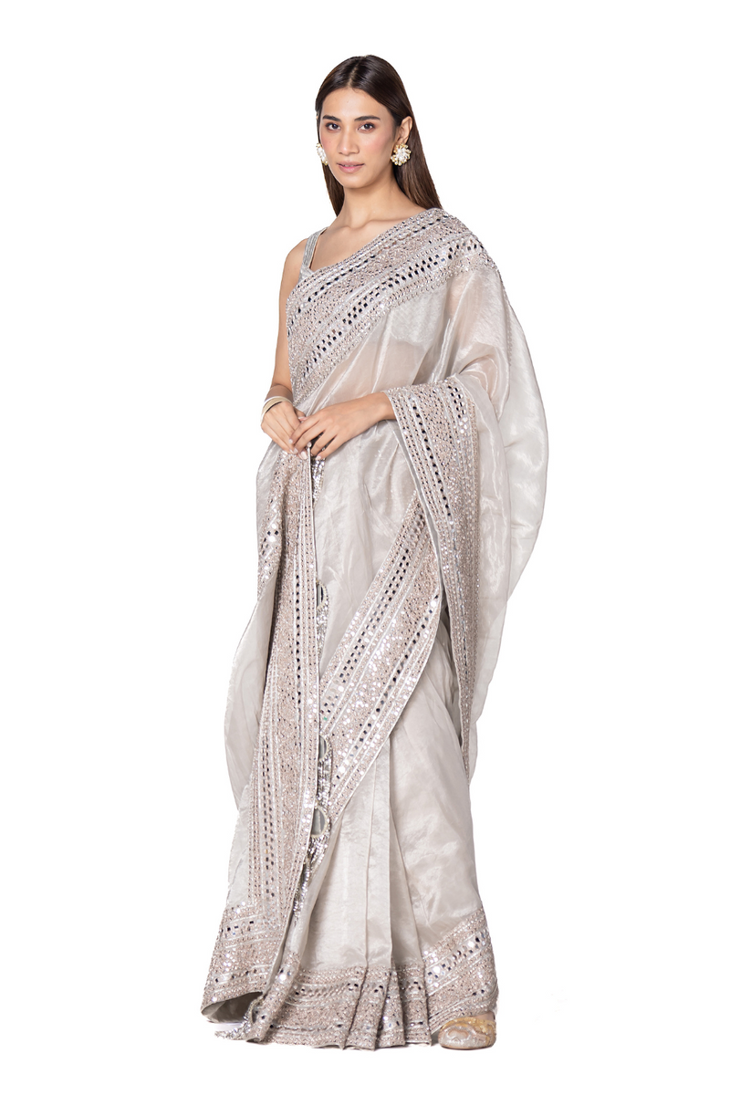 silver tissue saree set