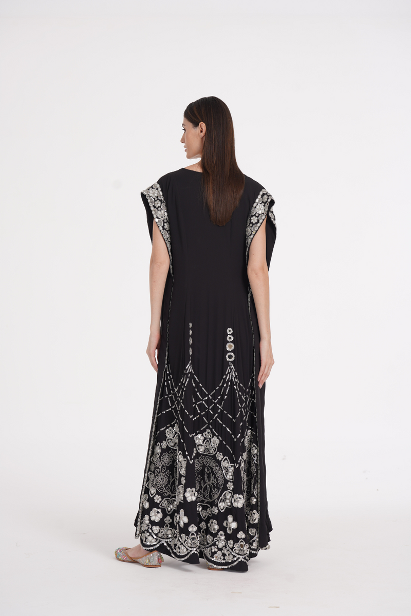 Charcoal black hand embroidered kaftan