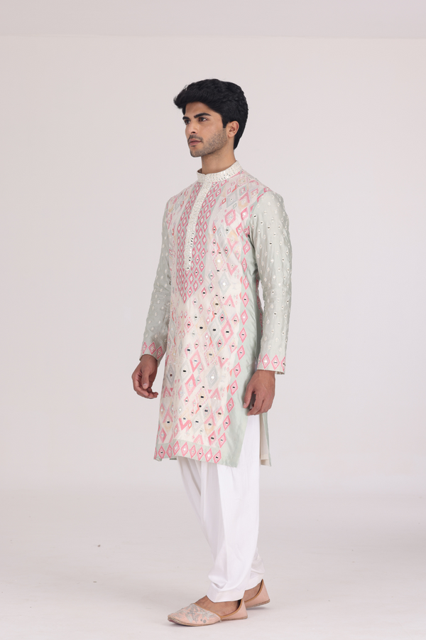 PEACH PEARL IVORY AQUA PRINTED KURTA