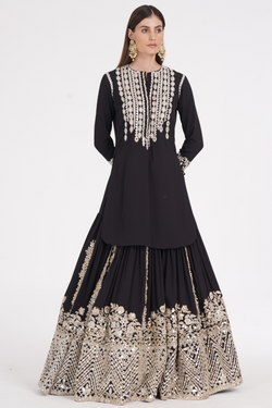 Carbon black kurti skirt embellished using ivory trims