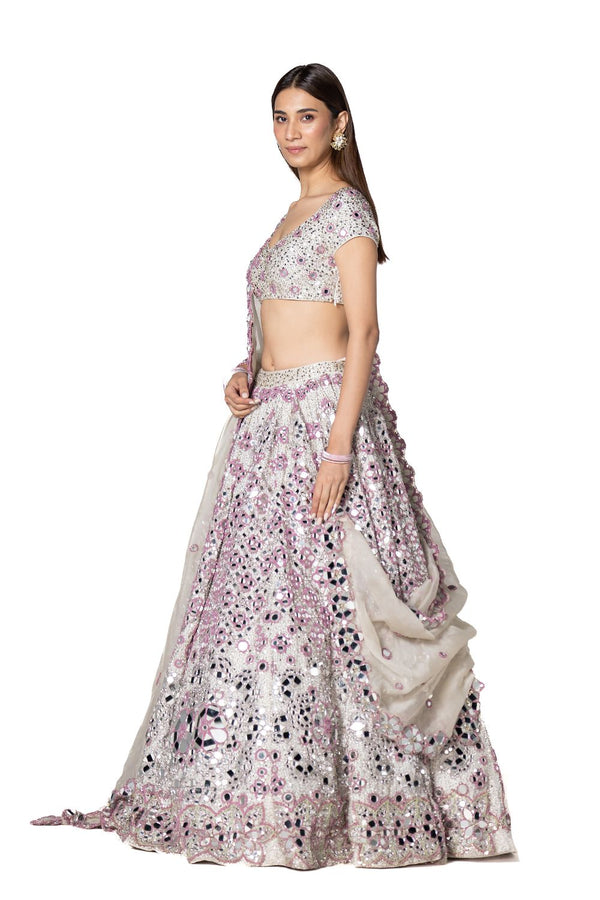 Lilac And Ivory Hand Embroidered Lehenga