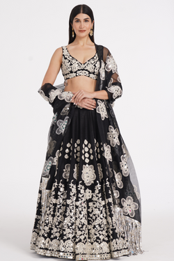 Jet black lehenga set embellished using ivory details