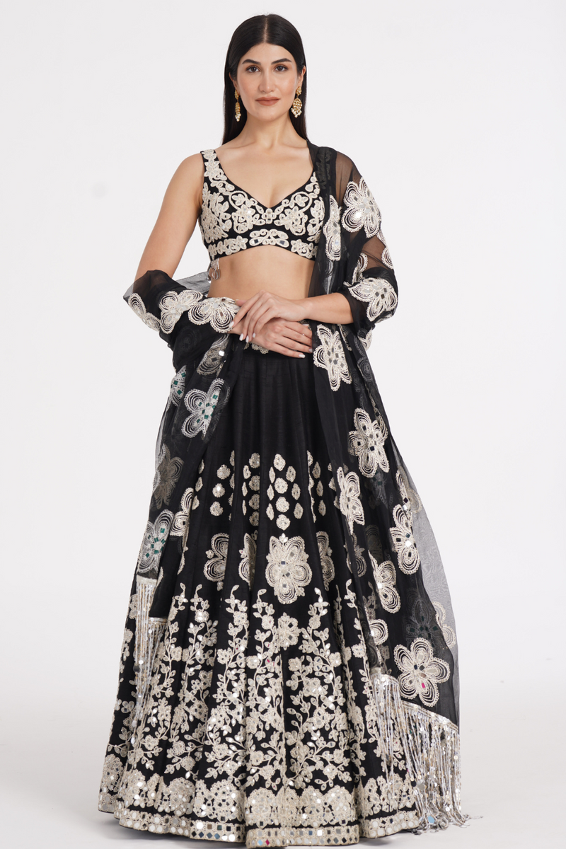 Jet black lehenga set embellished using ivory details