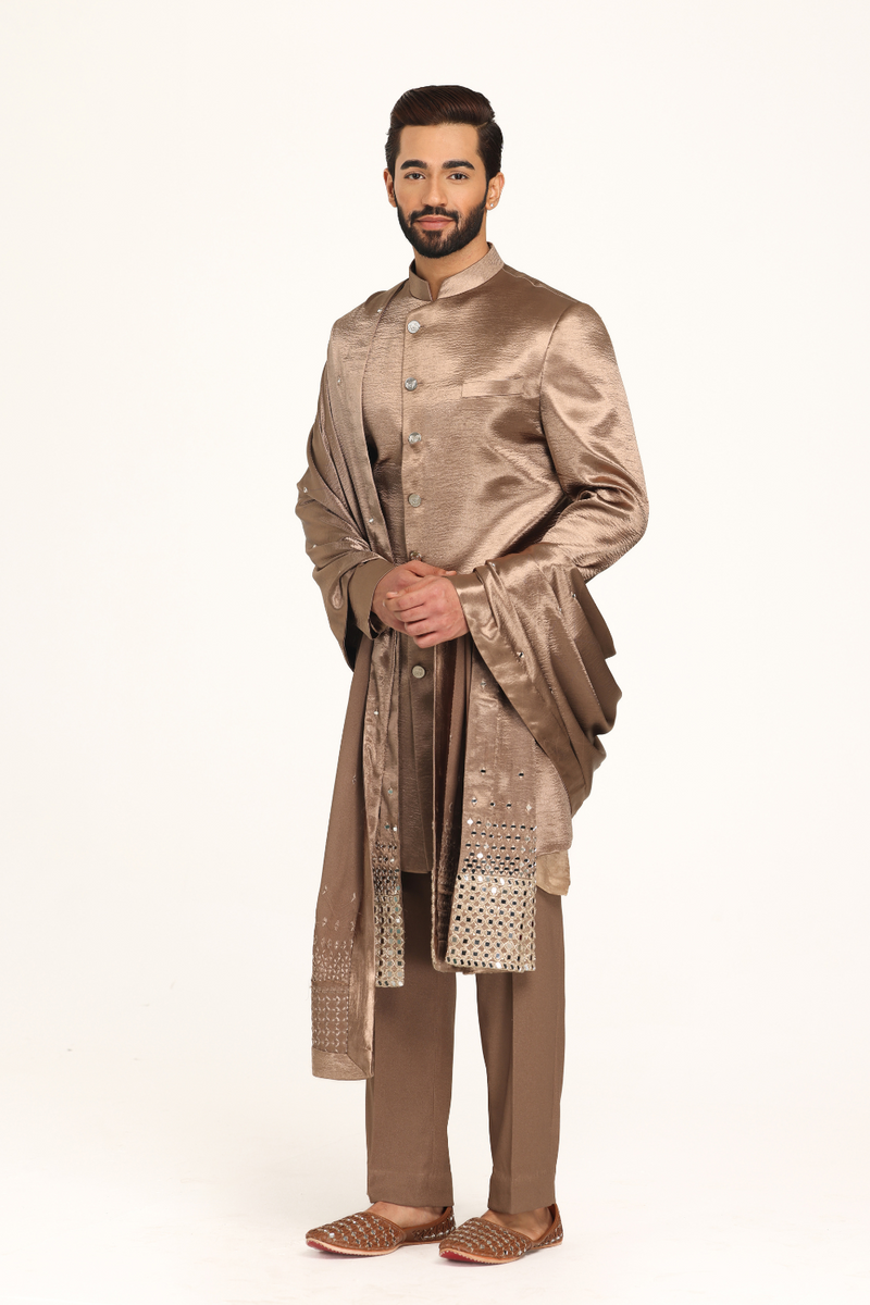 Brown sherwani with embellished stole