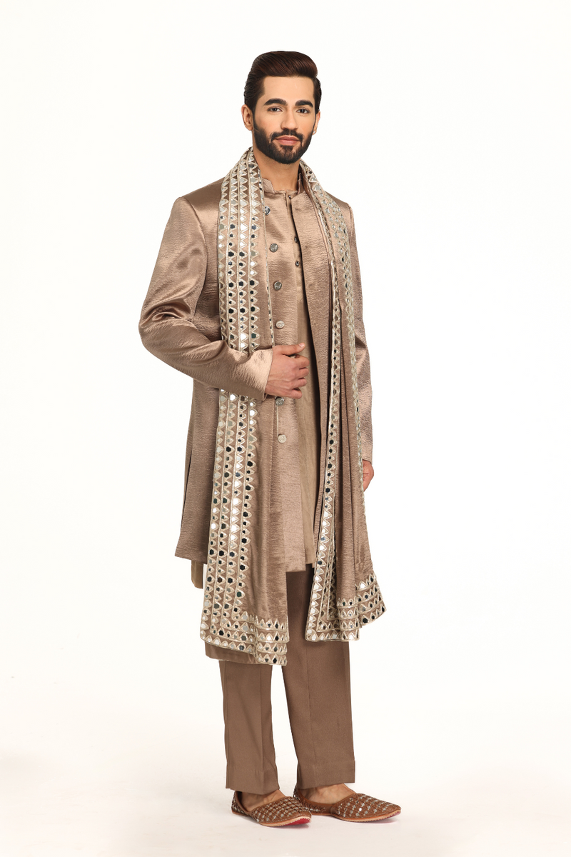 Brown sherwani with embellished stole