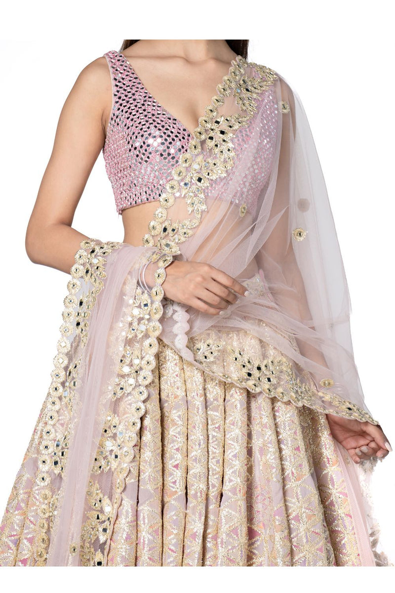 Hand Embroidered Blouse With Printed Lehenga