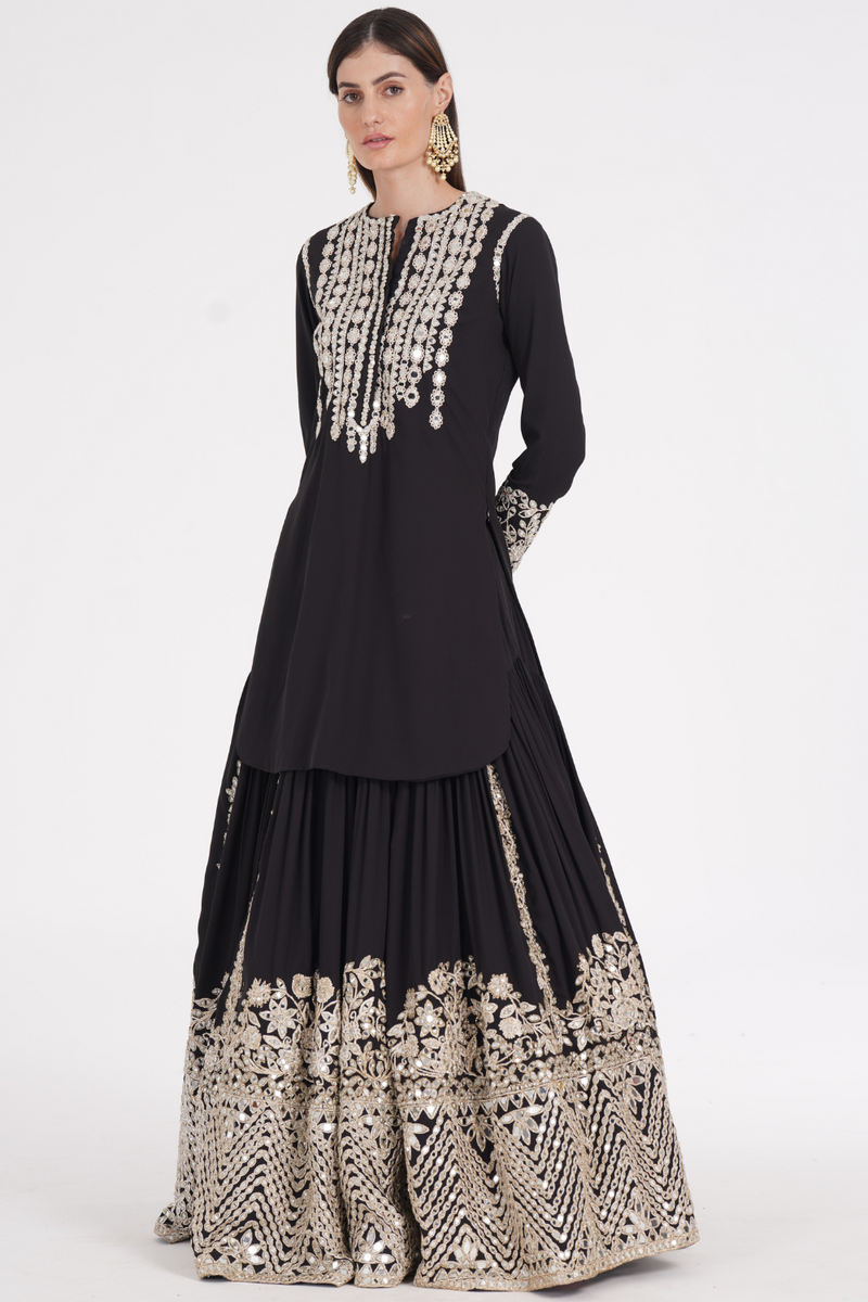 Carbon black kurti skirt embellished using ivory trims