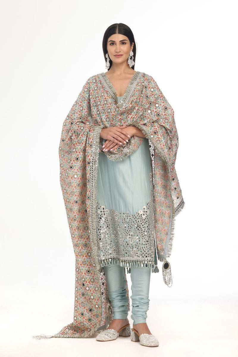 BLUE KURTA CHURIDAR SET WITH HEAVY PRINTED MIRROR WORK DUPATTA abhinavmishra