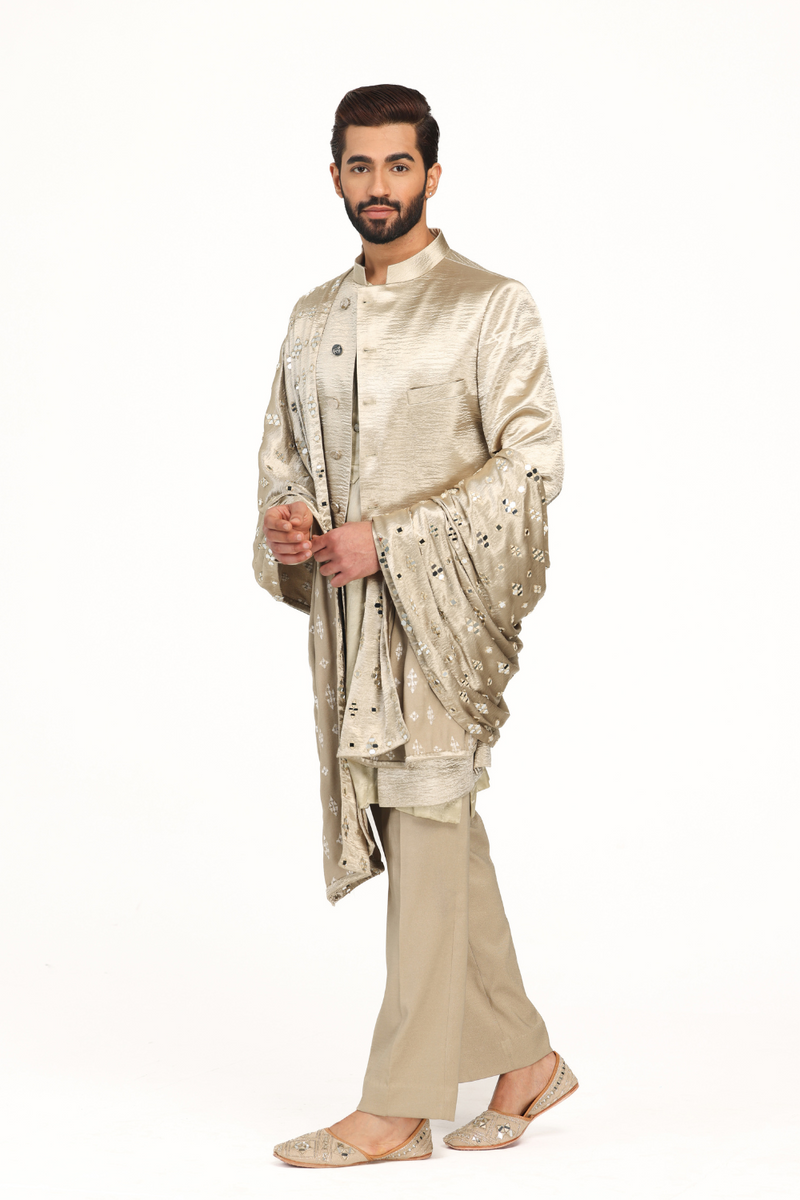 Gold sherwani with embellished stole