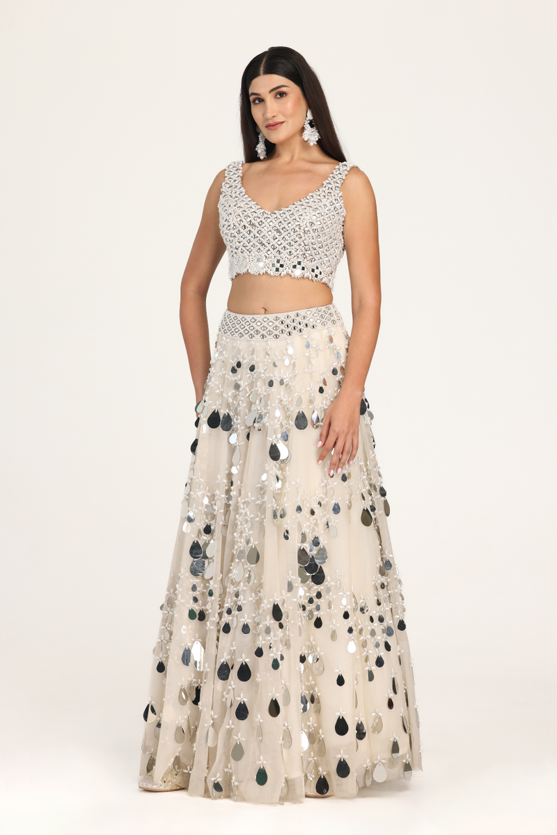 pearl sequence ivory crop top and skirt set