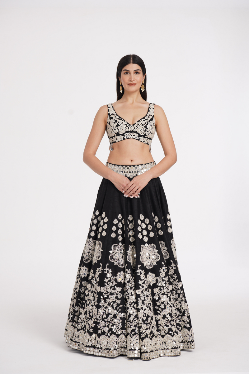 Jet black lehenga set embellished using ivory details